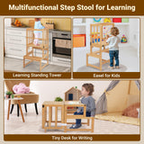 COSYLAND 3-in-1 Toddler Standing Tower with Whiteboard, Kids Kitchen Step Stool Convertible into Desk Table and Chair, Toddler Kitchen Stool Helper with CPC,SOR and CE Certified - Natural COSYLAND