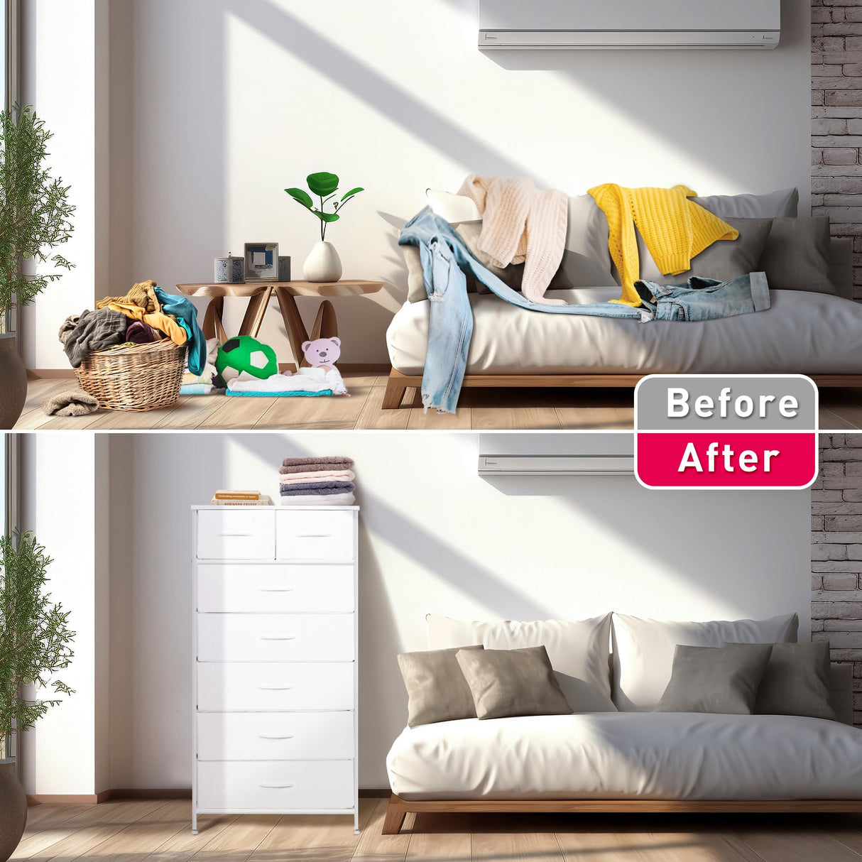 Mifuro Tall Dresser for Bedroom, Vertical Storage Organizer Tower with 7 Drawers, Chest of Drawers with Fabric Bins, Steel Frame, Wood Top for Bedroom, Closet, Entryway- White Mifuro