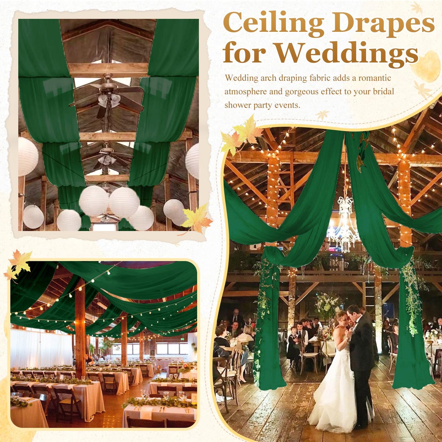 MODFUNS Ceiling Drapes for Parties Green Chiffon Ceiling Curtains 5x30FT 4 Panels Sheer Draping Fabric Tulle Curtain Drapery Elegant Arbor Ceiling Fabric for Bridal Baby Shower Party Tent Drapes