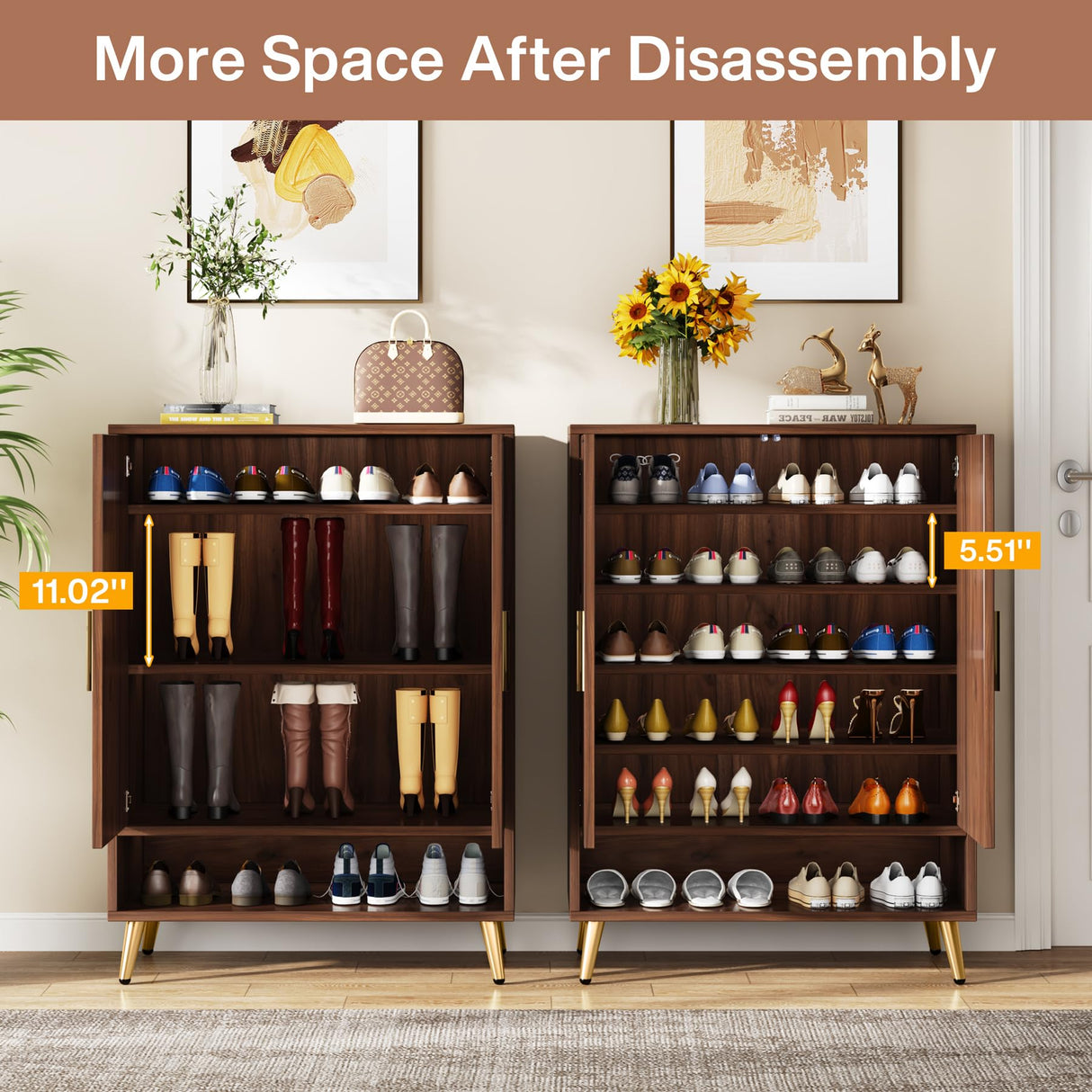 Tribesigns Walnut Shoe Cabinet with Doors, 6-Tier 24 Pairs Shoe Storage Cabinet for Entryway, Wooden Entryway Shoe Cabinet with Adjustable Shelves for Living Room, Bedroom (Walnut, Gold Legs) Tribesigns