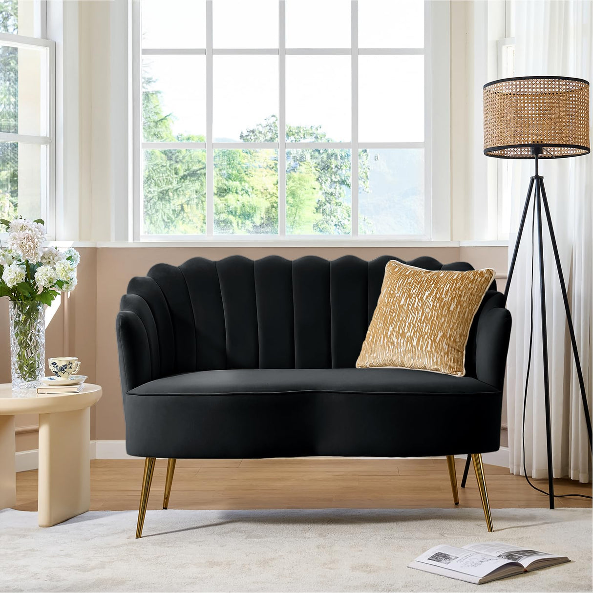 HULALA HOME Modern Velvet Loveseat Sofa with Flower Shaped Back, Comfy Upholstered 2-Seater Sofa with Gold Metal Legs, Small Love Seat Accent Couch for Living Bedroom Leisure Areas, Black HULALA HOME