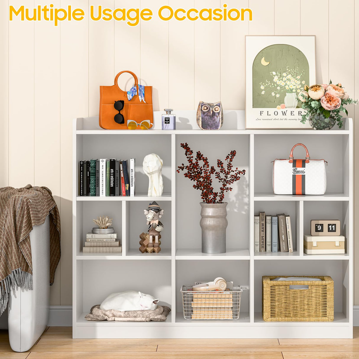 Vabches Kids Cube Bookshelf & Toy Storage Organizer, 3 Tier 10 Storage Cubes with Adjustable Shelf, White Wood Horizontal Cube Bookcase, Book Toy Display Cube Shelf for Kids Room Bedroom Nursery Vabches