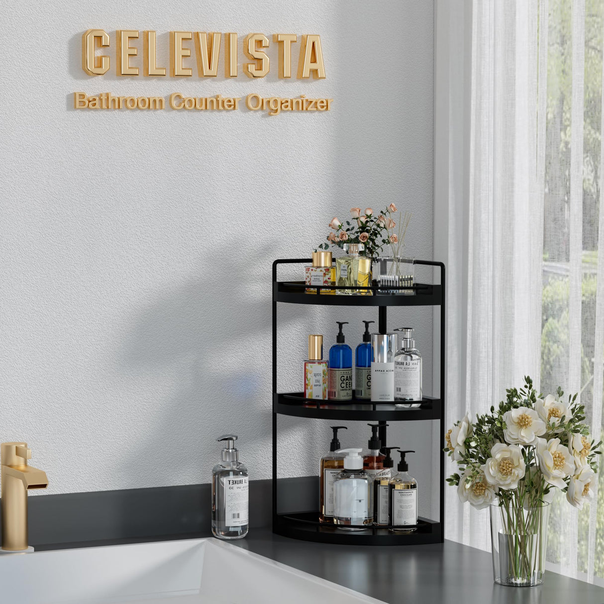 CeleVista Corner Bathroom Counter Organizer, 3 Tier Bathroom Sink Shelf Countertop, Wood Vanity Skincare Storage for Toiletries Decor, Makeup, Dresser(Black) CeleVista