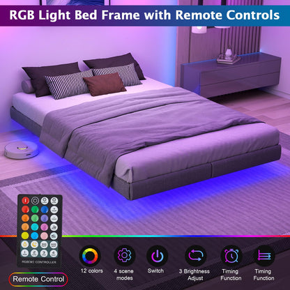 Floating Full Size Bed Frame with LED Lights, Remote Control RGB, and Under Bed Storage by RVONOW - WoodArtSupply