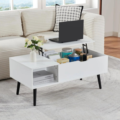 SANODESK 39" Wood Lift Top Coffee Table with Hidden Compartment and Storage Shelf for Living Room, Reception Room, White SANODESK