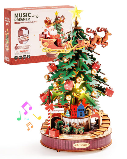 ROBOTIME 3D Puzzles for Adults Wooden Music Box with LED DIY Model Christmas Tree Building Kit for Kids Hobby Crafts Unique Home Decor - WoodArtSupply