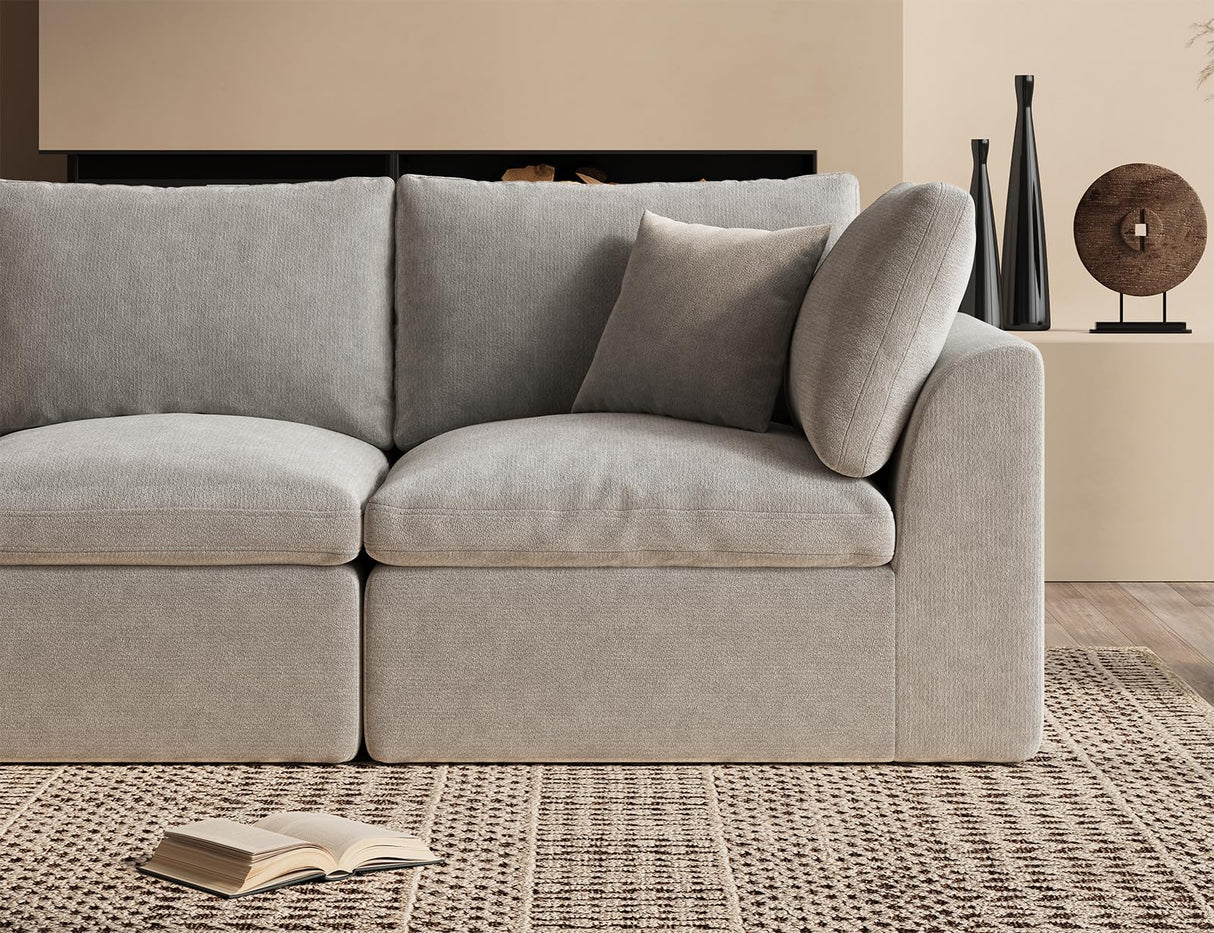 ohllob 110" Cloud Sectional Couches for Living Room, Boneless L-Shape Couch with Ottoman, 3 Seater Modular Sectional Sofa, Light Grey ohllob