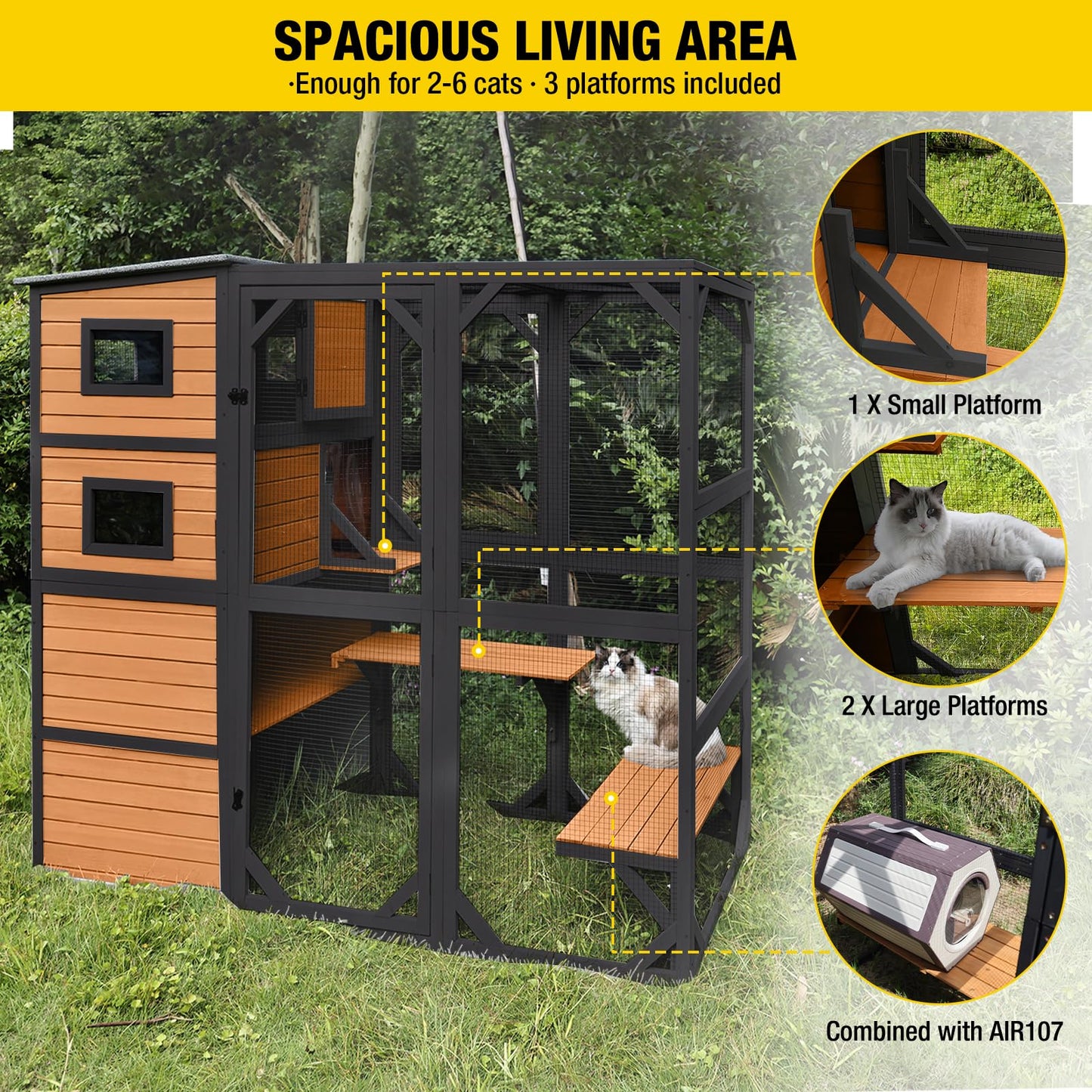 Aivituvin Large Cat Catio 4 Tiers Cat Enclosures House for Outdoor Indoor Cats with Weatherproof Roof, 3 Resting Rooms, 3 Platforms, 5 Windows 70" H 77" L