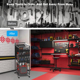 JUNNUJ Large Power Tool Organizer Cart with Charging Station, Garage Floor Standing Rolling Drill and Tools Battery Storage Cart on Wheels, Heavy Duty Rack Shelf with 8 Outlet Power Strip, Black JUNNUJ