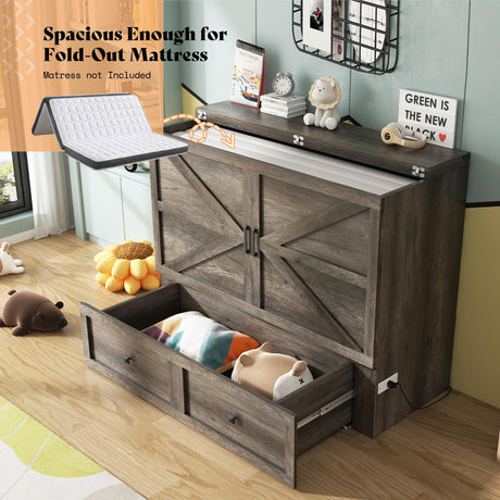 AMERLIFE Full Murphy Bed with Storage & Charging Station, Farmhouse Murphy Cabinet with Foldable Panel, Noisy Free, for Guest Bedroom, Living Room, Office, Rustic Gray AMERLIFE