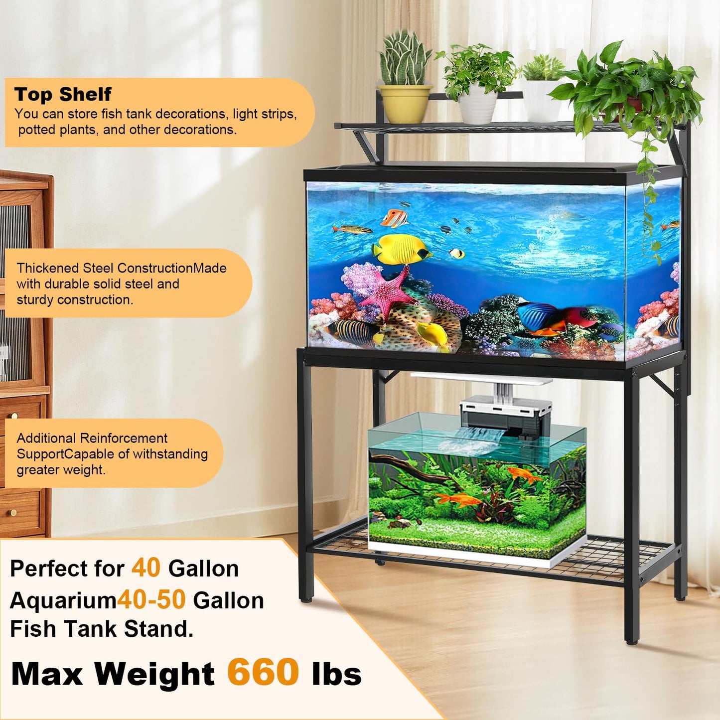 40-50 Gallon Fish Tank Stand, Aquarium Stand with Power Outlets,36.6" x 18.5"Tabletop, Thickened Metal Frame, Reptile Tank Stand for Home Office, Tank not Included ﻿ - WoodArtSupply