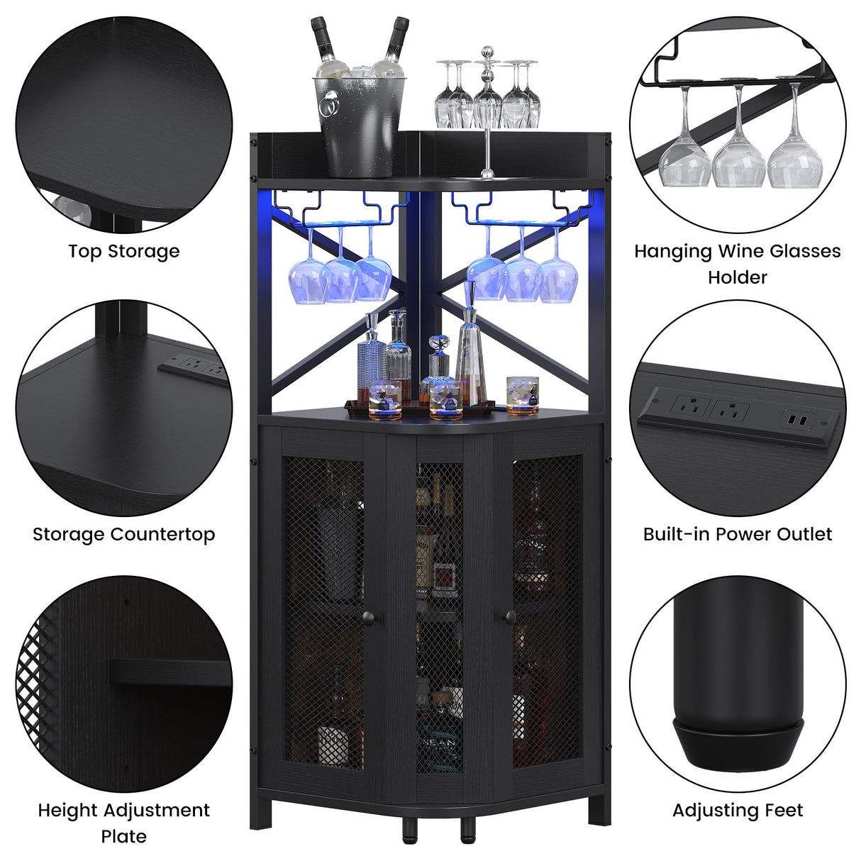 Lafnest Corner Bar Cabinet with Power Outlet and LED Light, Industrial Wine Cabinet with Glass Holder, 4-Tier Liquor Cabinet for Home, Farmhouse Home Bar for Liquor and Wine Storage, Black Lafnest
