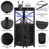 Lafnest Corner Bar Cabinet with Power Outlet and LED Light, Industrial Wine Cabinet with Glass Holder, 4-Tier Liquor Cabinet for Home, Farmhouse Home Bar for Liquor and Wine Storage, Black Lafnest