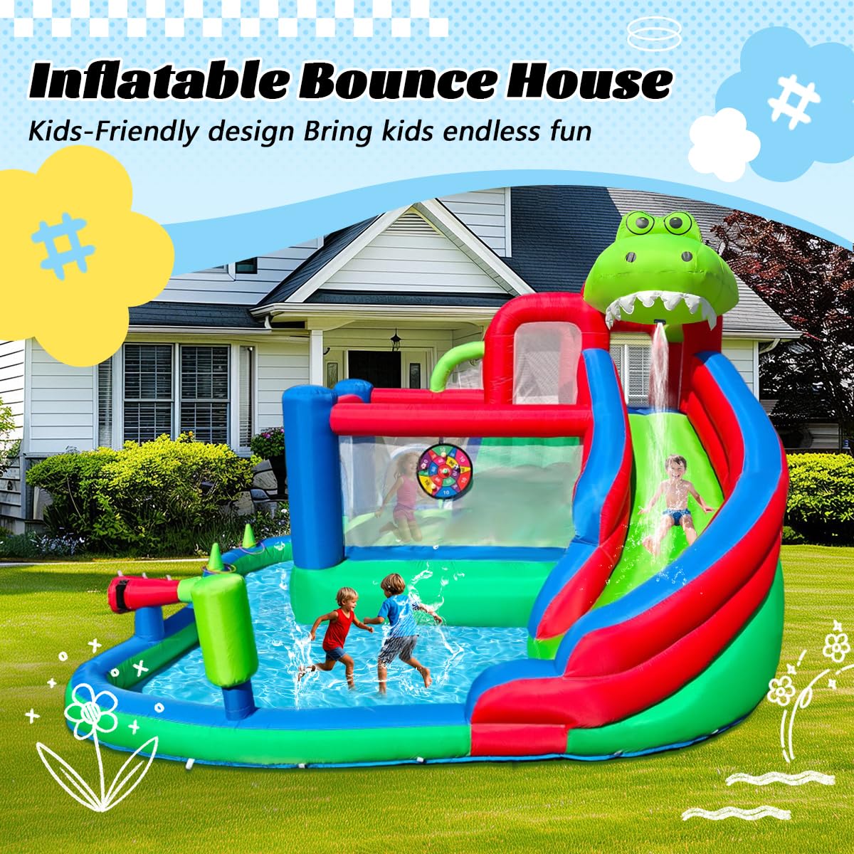 Large Dinosaur Inflatable Bounce House with Water Slide for Kids, Bouncy Castle, Splash Pool, Basketball Hoop, Climbing Wall, Air Blower, Outdoor Backyard Fun SkyGiggles