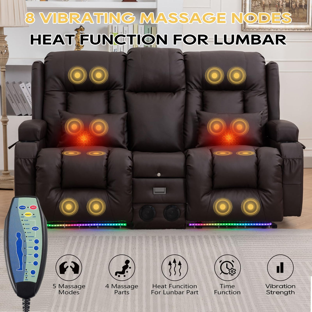 IPKIG 67" Power Reclining Loveseat Sofa, Electric Home Theater Seating with Console/4 Colors Ambient Lighting/Bluetooth Speakers/USB Ports/Built-in Outlets (Brown, Loveseat Recliner) IPKIG