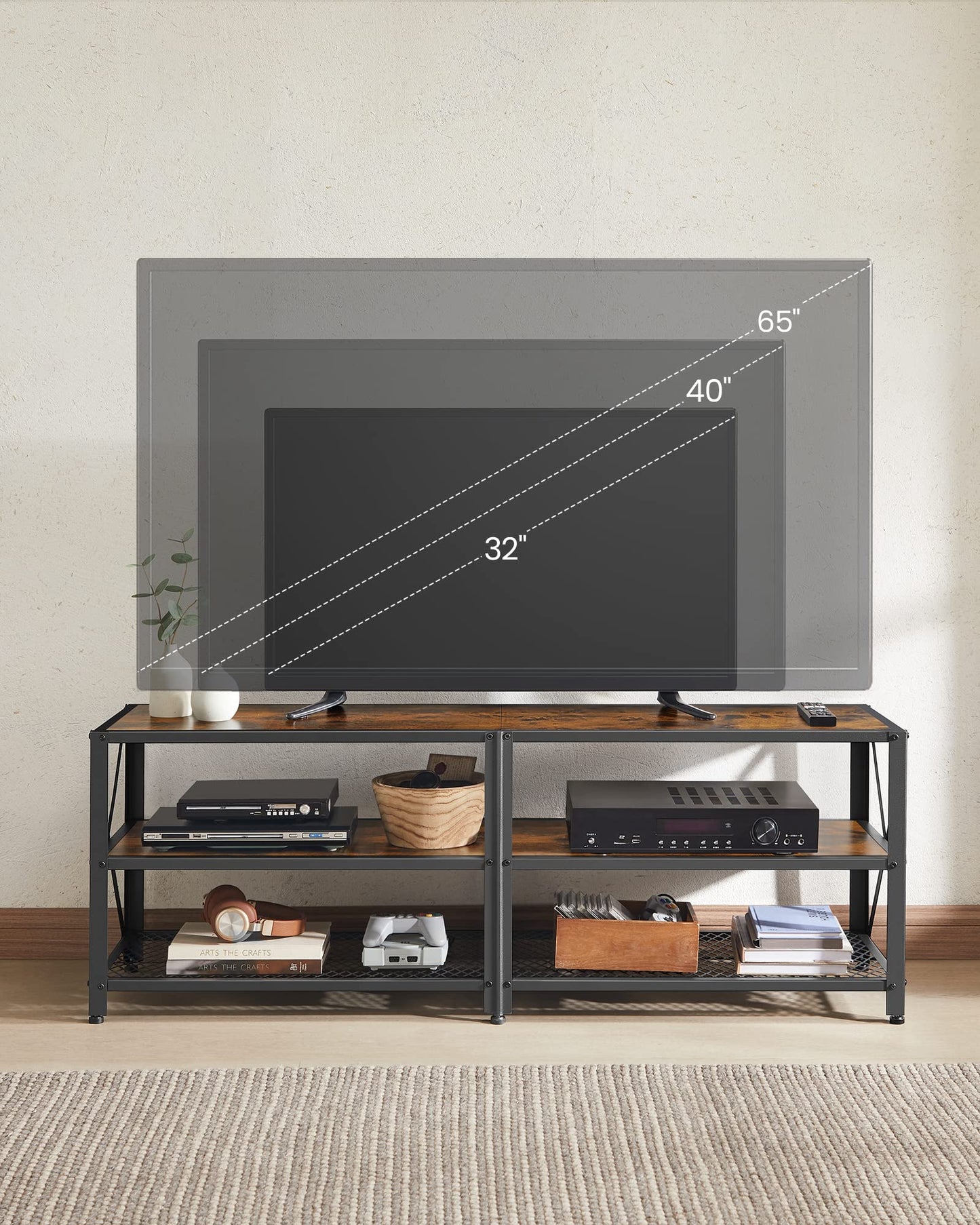 VASAGLE TV Stand, TV Console for TVs Up to 65 Inches, TV Table, 55.1 Inches Width, TV Cabinet with Storage Shelves, Steel Frame, for Living Room, Bedroom, Rustic Brown and Black ULTV094B01