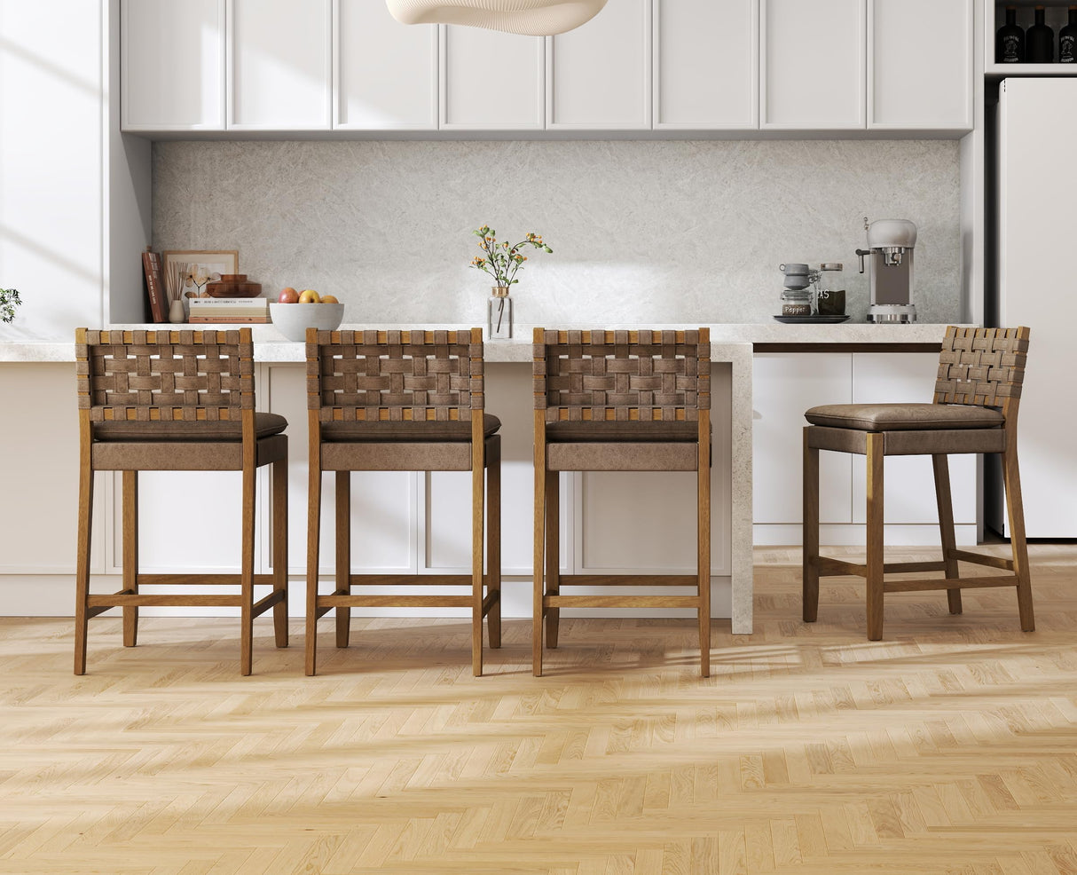 EALSON Mid Century Rattan Bar Stools Set of 4 Modern Farmhouse Barstools with Leather Woven Backs 26 Inch Wooden Counter Stool Breakfast Upholstered Bar Chairs for Kitchen Island, Brown EALSON