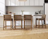 EALSON Mid Century Rattan Bar Stools Set of 4 Modern Farmhouse Barstools with Leather Woven Backs 26 Inch Wooden Counter Stool Breakfast Upholstered Bar Chairs for Kitchen Island, Brown EALSON