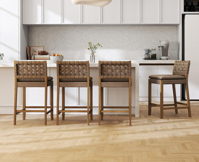 EALSON Mid Century Rattan Bar Stools Set of 4 Modern Farmhouse Barstools with Leather Woven Backs 26 Inch Wooden Counter Stool Breakfast Upholstered Bar Chairs for Kitchen Island, Brown