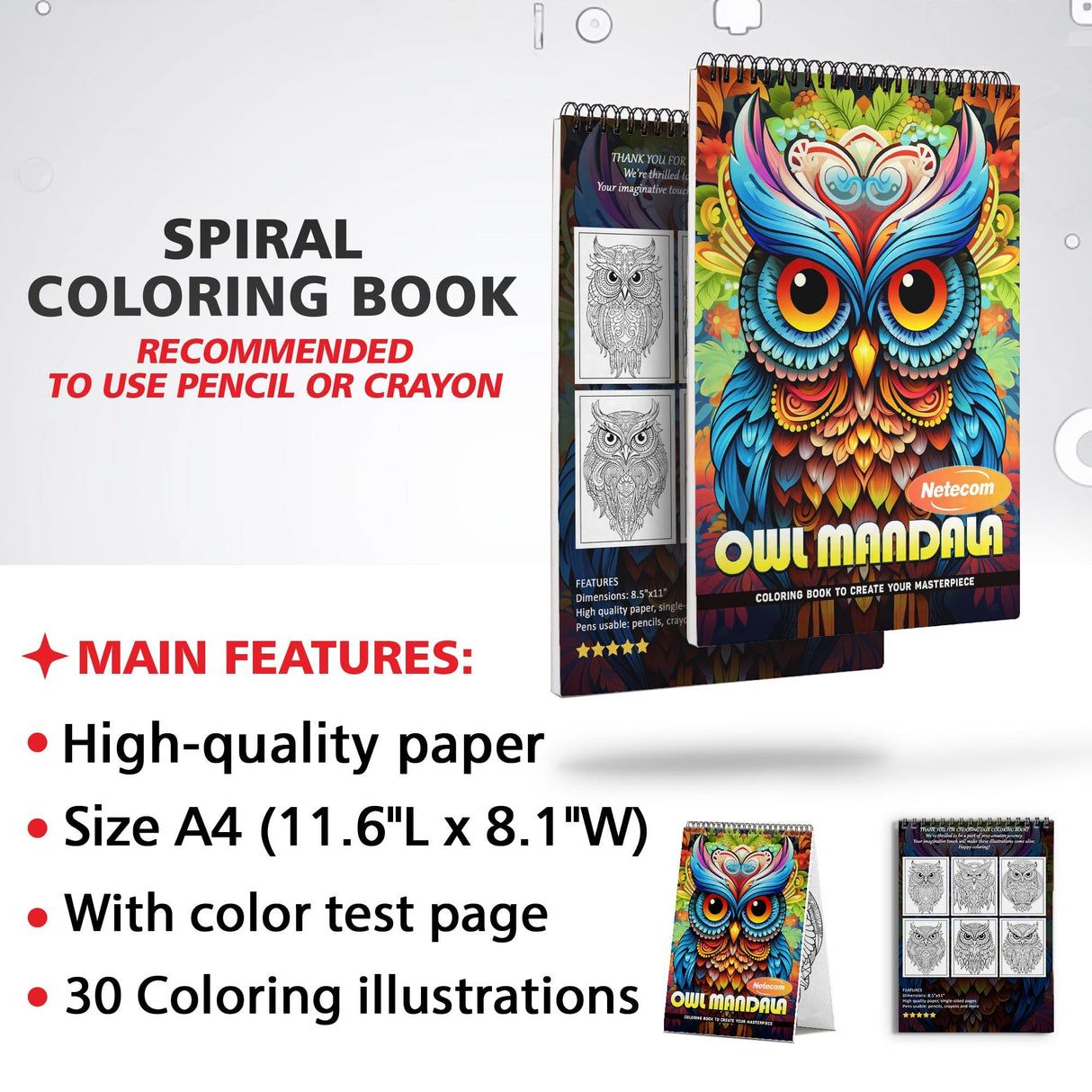 Netecom Owl Mandala Coloring Book Spiral Bound for Adults, Soft Cover, 30 Calming Coloring Pages in Owl Mandala Designs for Stress Relief and Relaxation Netecom