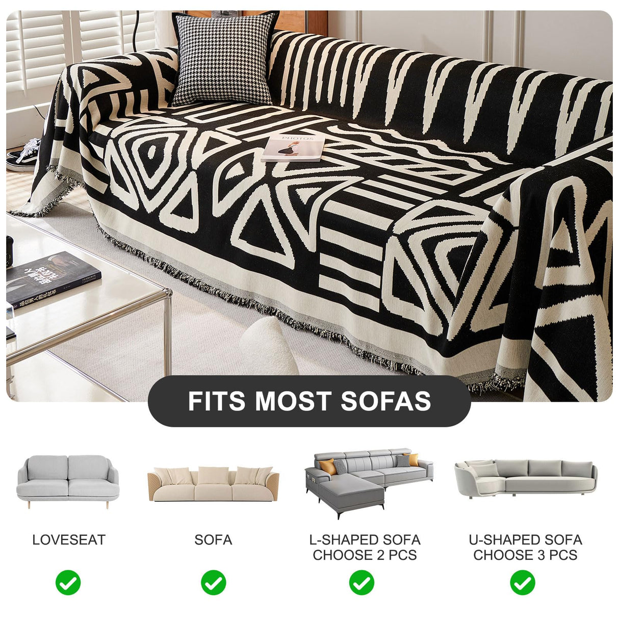 STACYPIK Thick Christmas Boho Couch Cover Chenille Cat Dog Anti-Scratch Sofa Cover Black White Plaid Sectional Couch Cover Washable Couch Protector for 2 Cushion Couch Futon Loveseat Cover-71x118IN STACYPIK