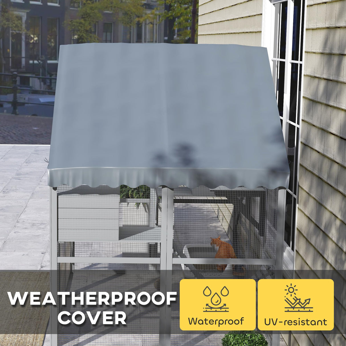 PawHut Large Catio Outdoor Cat Enclosure for Multiple Kittens, Wooden Cat House with Waterproof Cover, Walk in Kitty Cage Kennel with 2 Condos, 4 Platforms, Bridge, Doors, 73" x 55" x 74", Gray PawHut