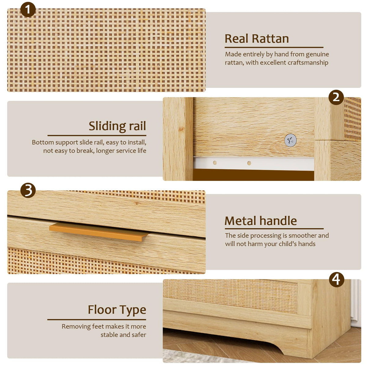 HOPUBUY 8 Drawer Dresser for Bedroom, Rattan Modern Closet Dressers Chest of Drawers, Boho Wood Double Wicker Dresser Storage Closet for Bedroom, Living Room, Entryway (Natural) HOPUBUY