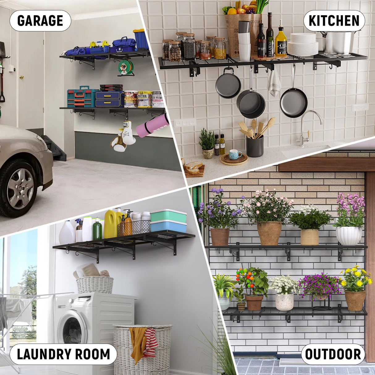 2 Pack Garage Wall Shelves, 46"X 12.5" Garage Shelving Wall Mounted, Heavy Duty Shelf Organizer with 8 Hooks, Black Floating Storage Metal Rack 320 LBS Capacity for Laundry Room, Office, Basement Riciakik