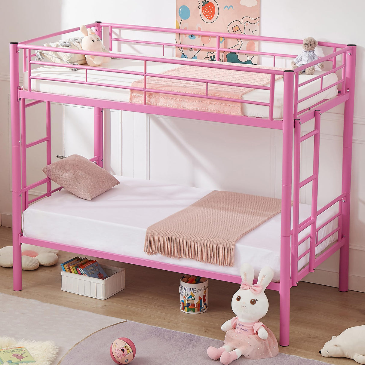 VECELO Metal Bunk Bed Twin Over Twin, Industrial Bunkbeds with Ladder and Full-Length Guardrail, Noise Free, No Boxing Spring Needed, Pink VECELO