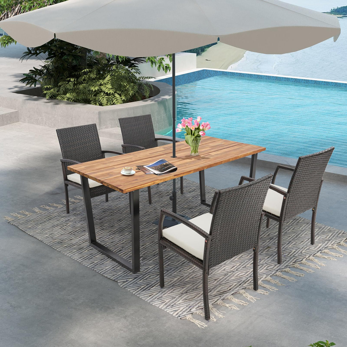 Tangkula 5 Piece Patio Rattan Dining Set, Outdoor Wicker Chair & Dining Table Set, Acacia Wood Tabletop w/Umbrella Hole, Seat Cushions Included, Space-Saving Design, Backyard Tangkula