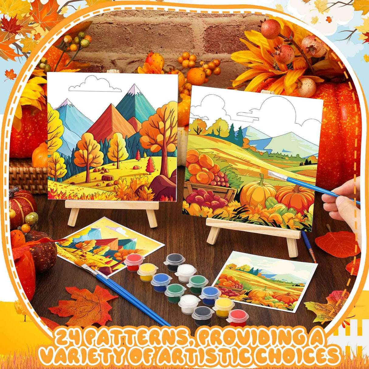 Tenceur 24 Pack Fall Pre Drawn Canvas for Painting Autumn Painting Canvas 6" x 6" Thanksgiving Predrawn Coloring Canvas Set for Adult Kid Maple Pumpkin Scarecrow Pre Stretched Canvas Board for Party Tenceur