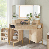 T4TREAM 48'' Fluted Makeup Vanity Desk with HD Triple Mirror and Lights, Large Lighted Corner Vanity with Glass Top, Modern Dressing Table with 3 Drawers & 2 Cabinets for Bedroom, Natural Oak T4TREAM