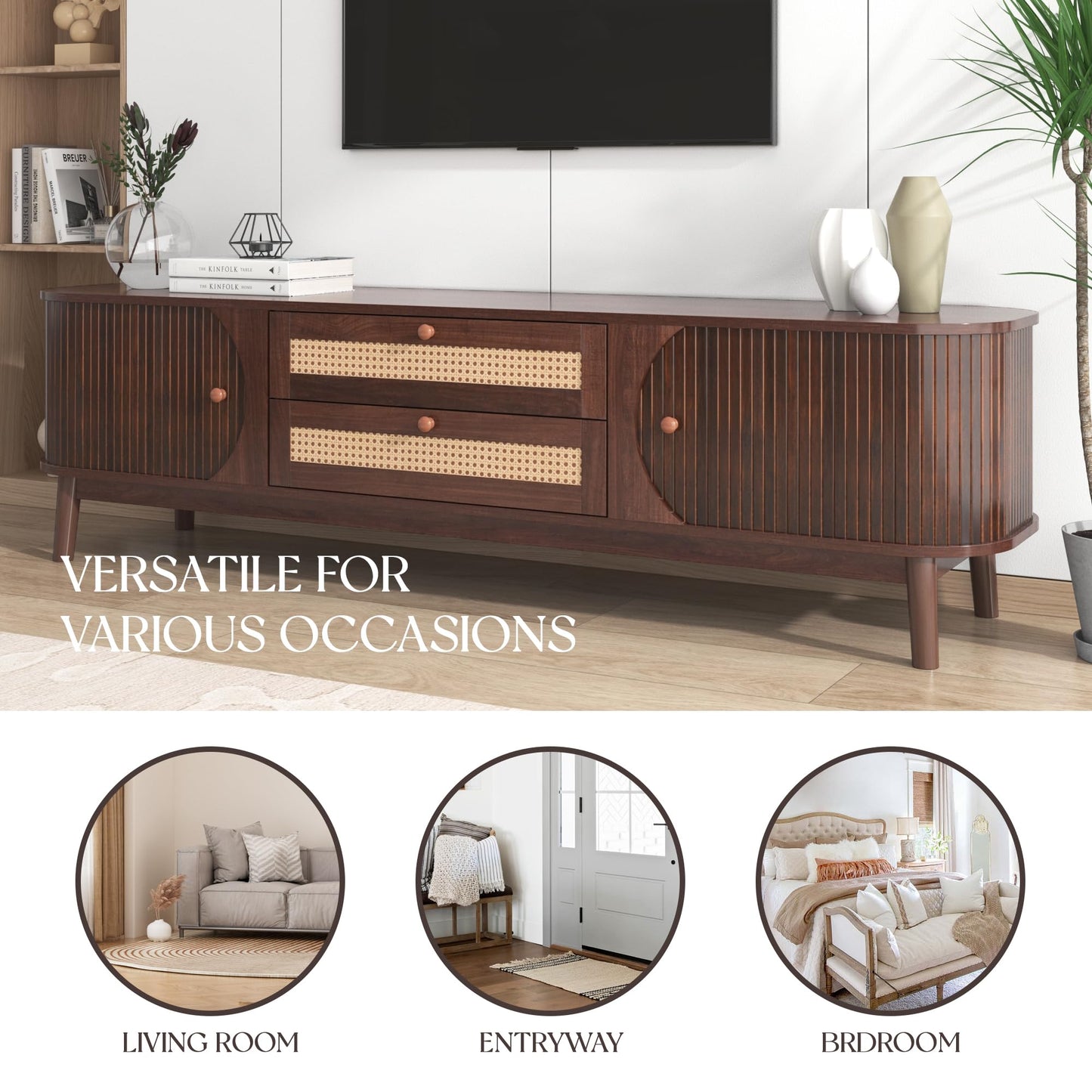 Rattan TV Stand for TVs up to 75'', Farmhouse Media Console with 2 Drawers and Storage Cabinet, Entertainment Center with Solid Wood Legs, TV Cabinet