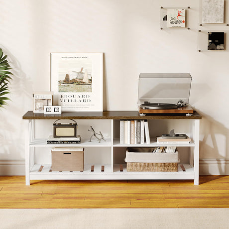 ChooChoo Farmhouse TV Stand for TVs up to 60 Inch, Modern Entertainment Center with 4 Open Shelves & Built-in Cable Holes, Media TV Console for Living Room, Bedroom, White ChooChoo