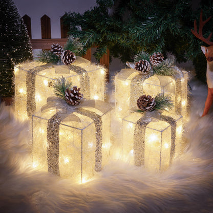 COVFEVER Set of 4 Christmas Lighted Gift Boxes, Pre-lit Lights Gift Boxes, Light up Present Boxes Set Battery Operated with Different Sizes for Holiday Indoor Outdoor Decorations