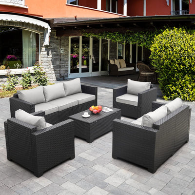 Rattaner 5-Piece Patio Furniture Sofa Set Outdoor Wicker Sectional Couch with Storage Table Non-Slip Cushions Furniture Covers, Grey