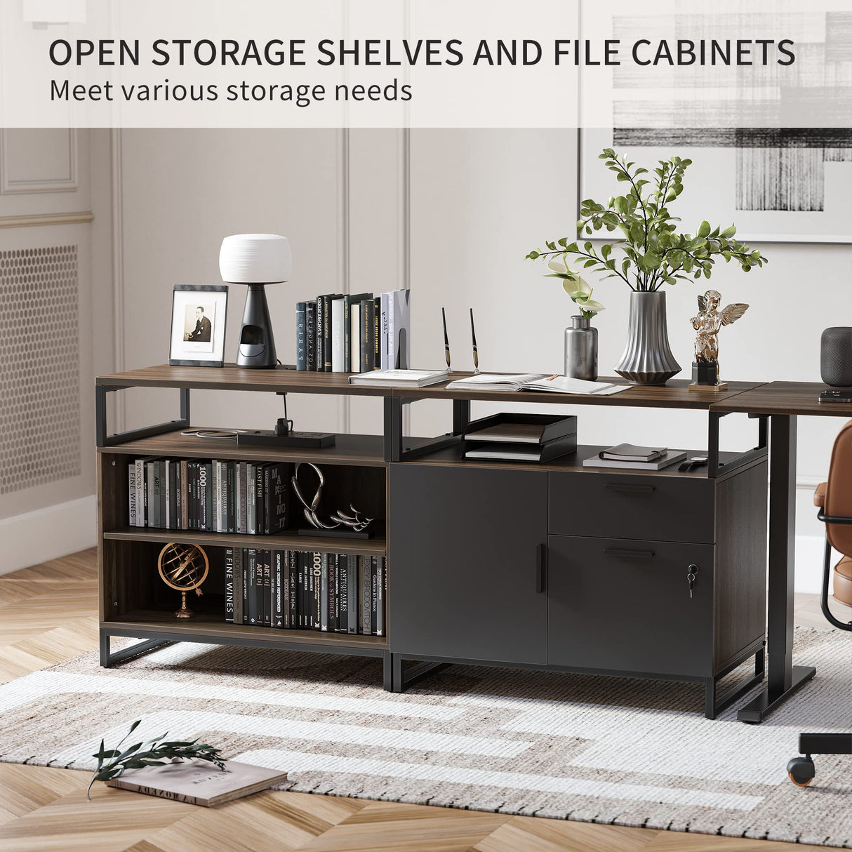 FEZIBO 66 Inch Executive L Shaped Standing Desk with 2-Drawer File Cabinet, Electric Height Adjustable Stand up Desk, Home Office Modern Wood Computer Desk with Shelves, Black Frame/Dark Walnut Top FEZIBO