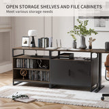 FEZIBO 66 Inch Executive L Shaped Standing Desk with 2-Drawer File Cabinet, Electric Height Adjustable Stand up Desk, Home Office Modern Wood Computer Desk with Shelves, Black Frame/Dark Walnut Top FEZIBO