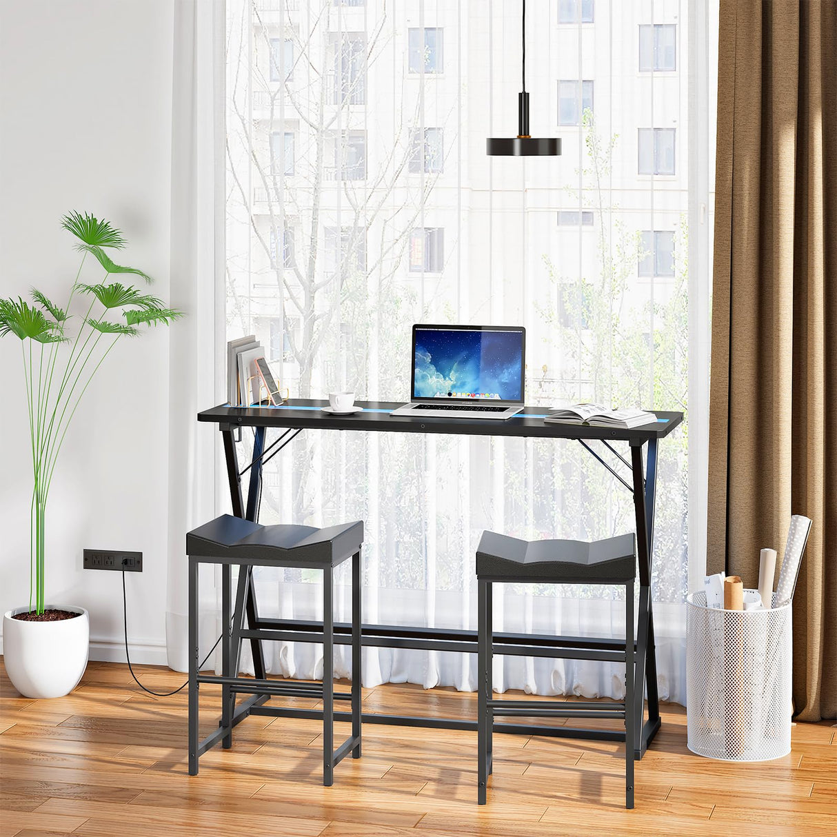 HOOBRO Bar Table,47.1" Rectangular Pub Table,Tall Counter Bar Height Table with LED Light and Glass Decoration, Modern Dining Table Footrests, for Dining Room, Pub, Tavern, Black BB68DBT01 HOOBRO