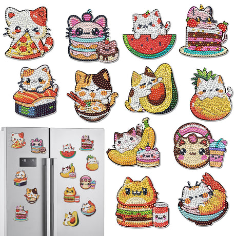 INCOK Cat Diamond Art Magnets Refrigerator - 12 PCS DIY Diamond Painting Kits Pineapple Hamburger Avocado Fridge Magnets Home Decors Art Crafts Birthday Gift for Adults Beginners Cat Lover INCOK