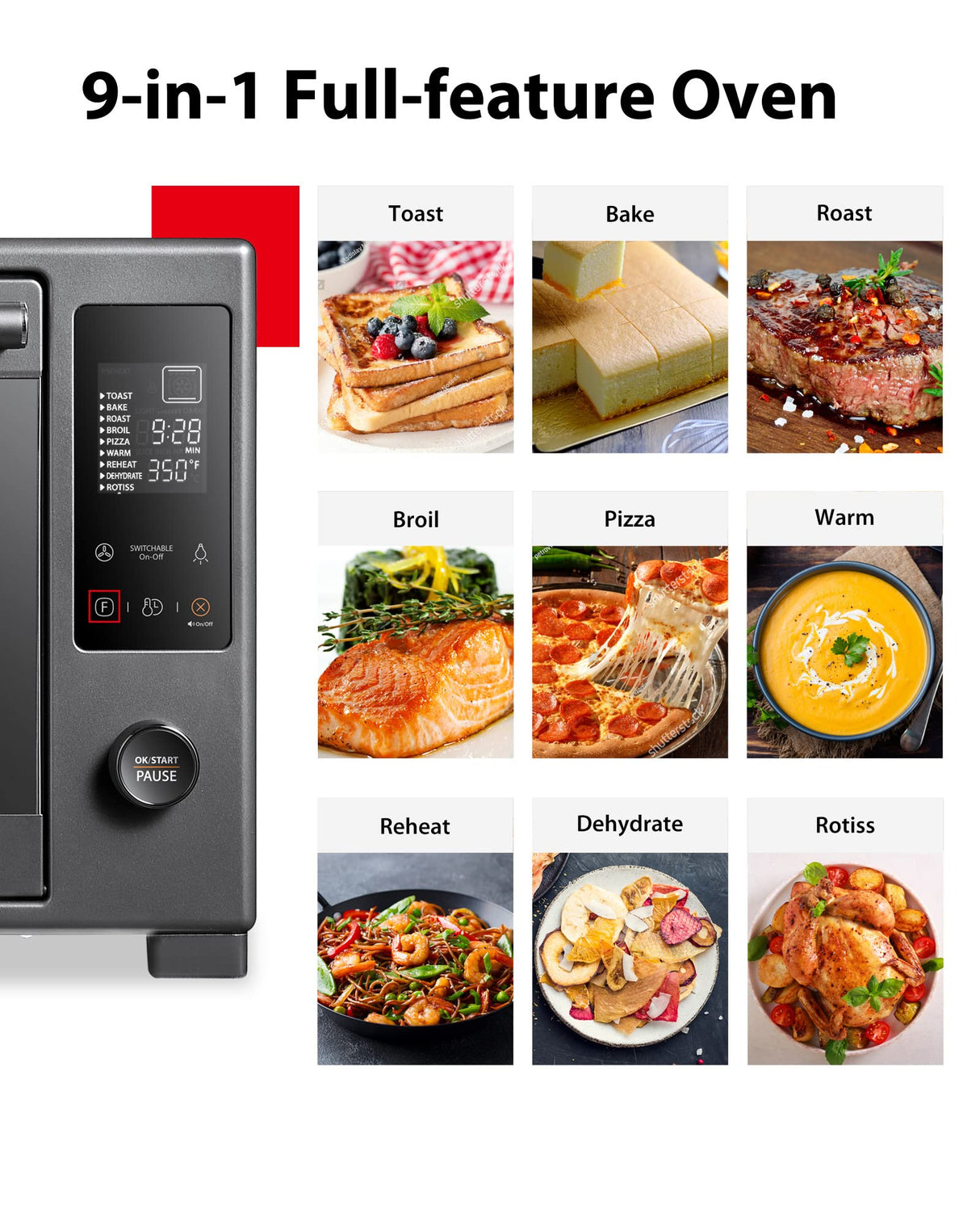 TOSHIBA Hot Convection Toaster Oven, Extra Large 34QT/32L, 9-in-1 Cooking Functions, Crispy Roast, Dehydrate, Rotisserie, 6 Accessories Included, 1650W, Black Stainless Steel TOSHIBA