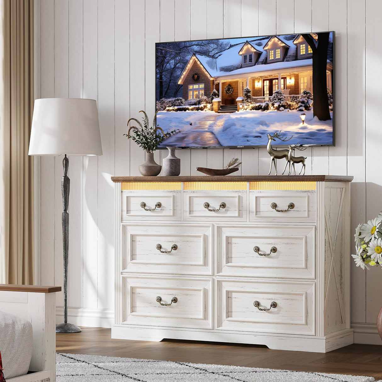 FREDEES Farmhouse 7 Drawers Dresser for Bedroom, Wood Chest With Hidden Storage, Tall With LED Lights, Organizer for Living Room, Closet, Hallway, Rustic Brown FREDEES