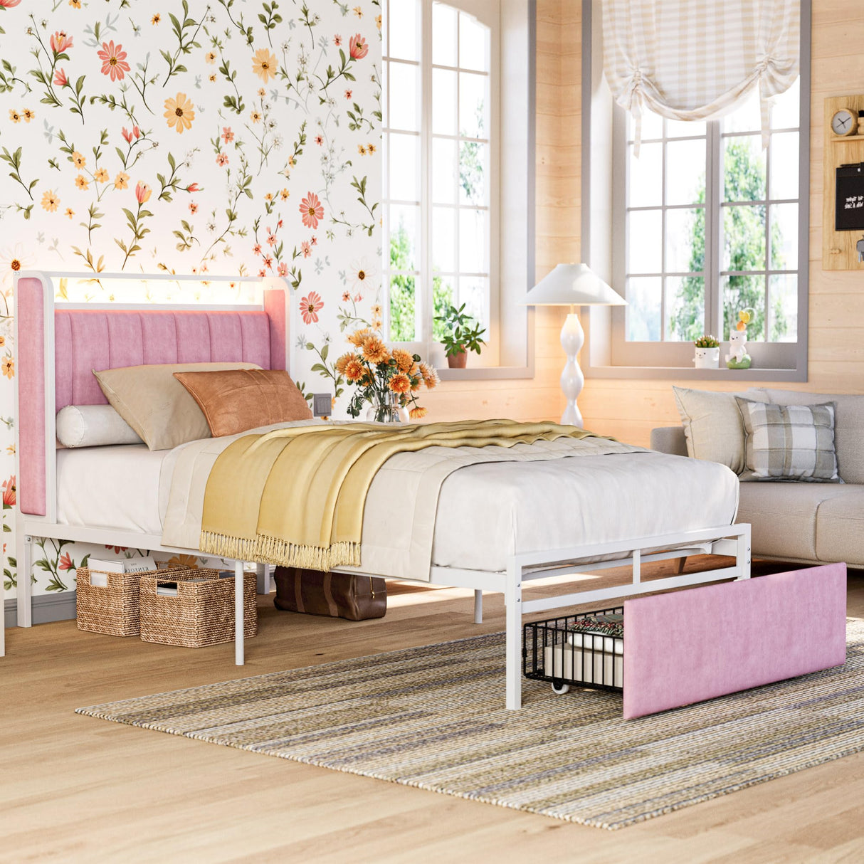 LIKIMIO Twin Size Bed Frame with Armrests Headboard & RGB Light, Upholstered Twin Size Bed Platform with Drawers, No Box Spring Needed, Study & No Noise, Modern Pink LIKIMIO