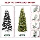 Hykolity 7.5 ft Prelit Artificial Pencil Slim Christmas Pine Tree with 792 PVC Branch Tips, 300 Warm White LED Lights, Metal Stand and Hinged Branches, Perfect for Home, Decoration hykolity