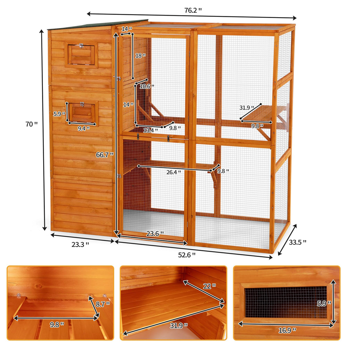 COZIWOW Large Wood Cat Catio, Outdoor Cat Enclosure with Weatherproof Roof, 2 Resting Rooms, 2 Platforms, 4-Tier Cat Playpen, Orange COZIWOW