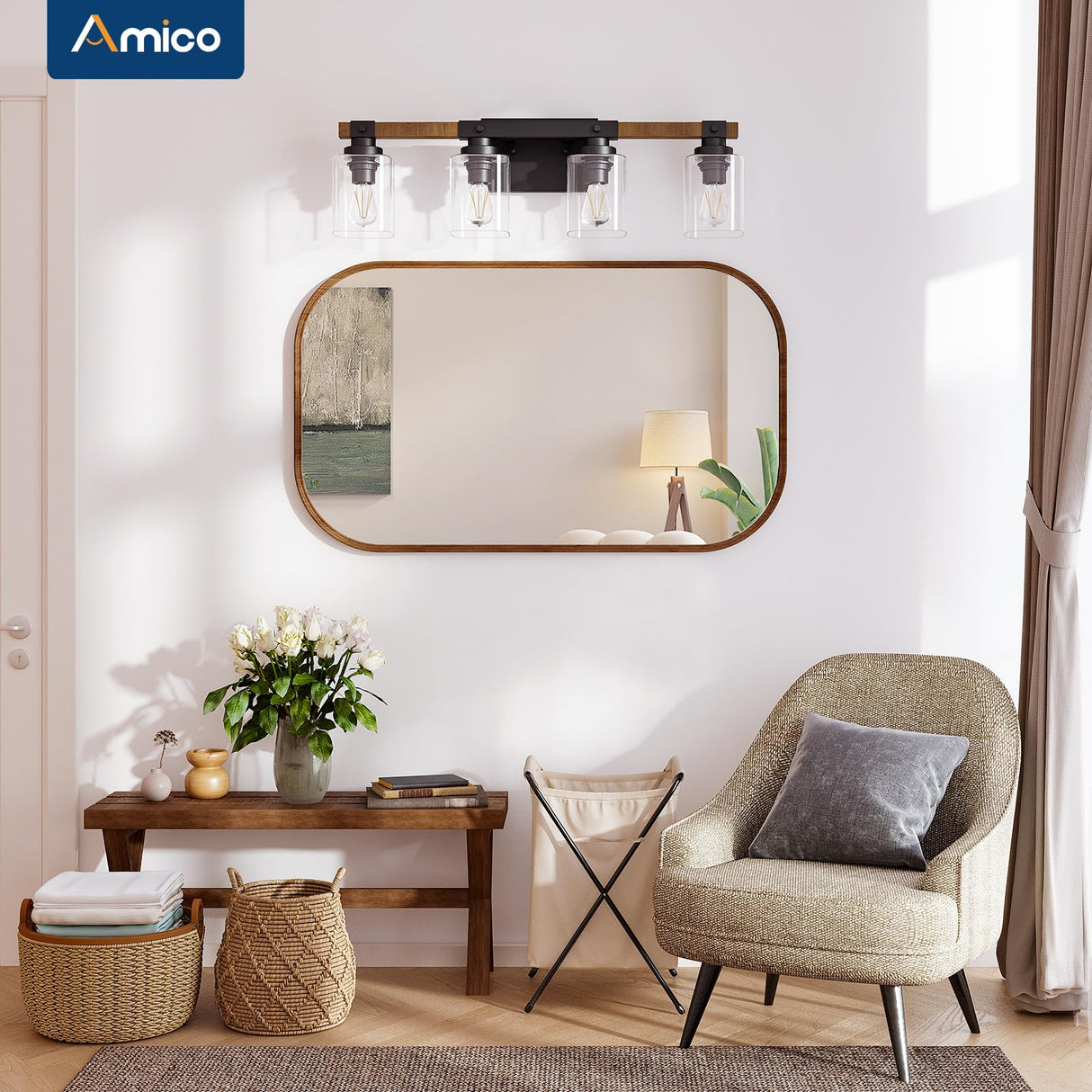 Amico 4-Light Bathroom Vanity Light Fixtures, Rustic Industrial Painted Wood Vanity Lights for Bathroom, Vintage Black Wall Sconces Bathroom Vanity Lighting with Clear Glass Shade Amico