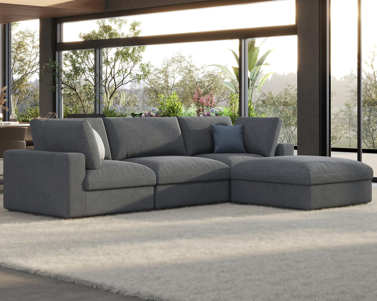 PaPaJet 114 Inch Cloud Modular Sectional Sofa, Oversized Down Filled Sectional Couch with Chaise, Ottoman, 4 Seats L Shaped Sofa for Living Room, Grey Linen Couch PaPaJet