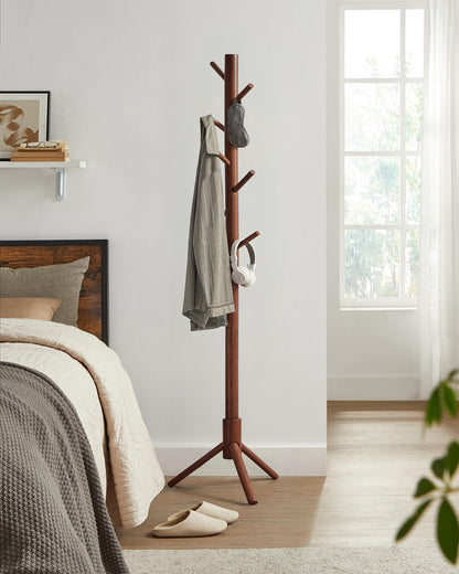 VASAGLE Solid Wood Coat Rack, Free Standing Coat Rack, Tree-Shaped Coat Rack with 8 Hooks, 3 Height Options, for Clothes, Hats, Bags, for Living - WoodArtSupply