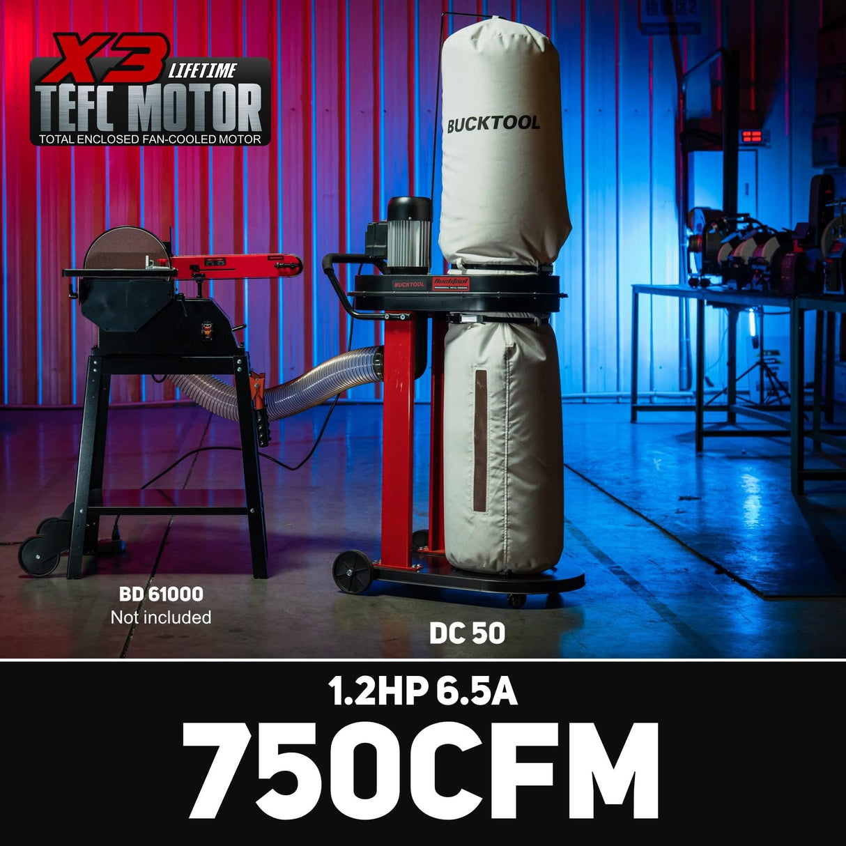 BUCKTOOL 1.2 HP Auto Start 750CFM Dust Collector with 3 Dust Collection Bag, 5.4 Cubic Bag Capacity and 5 PCS Reducer for Woodworking Bucktool