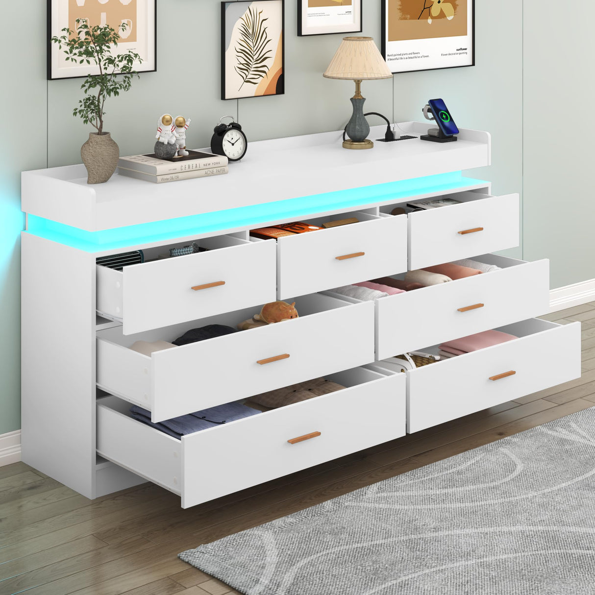 Hlivelood 7 Drawer Dresser with LED Light and Charging Station, Modern Chest of Drawers for Closet, Wide Drawer Organizer Cabinet for Bedroom, Living Room, Entryway, Hallway, White Hlivelood